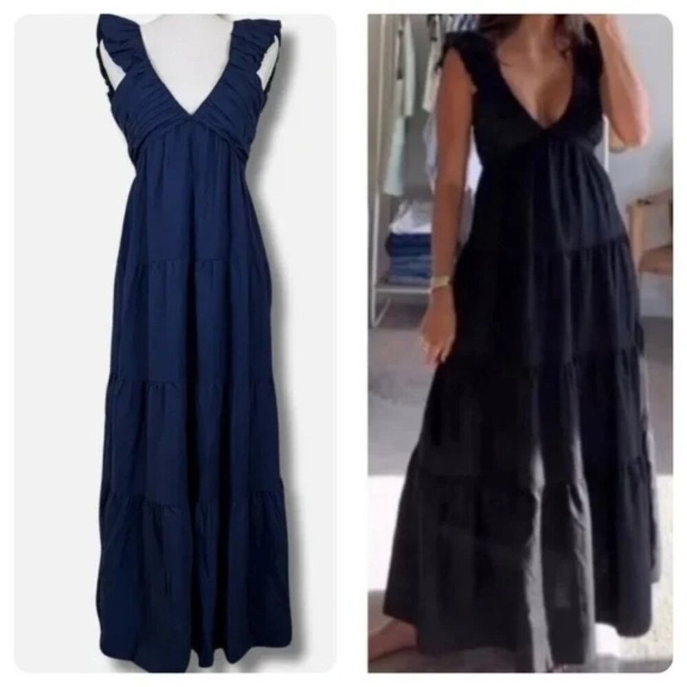 NWT Jason Wu Linen Blend Tiered Maxi Dress Navy Blue Large Peasant Milkmaid